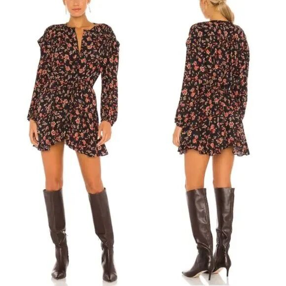 Free People Flower Fields Mini Dress Floral Black Red Boho XS Oversized - Picture 1 of 11